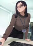  1girl 1other absurdres arm_support belt belt_buckle black-framed_eyewear black_hair black_pants bralines breasts brown_sweater buckle commentary_request computer_keyboard computer_mouse earrings highres id_card indoors jewelry kagematsuri large_breasts leaning_forward long_hair long_sleeves mature_female office_lady original pants parted_lips solo solo_focus sweater turtleneck turtleneck_sweater 