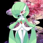  2015 abstract_background anthro blush bow breasts butt dress female gardevoir green_hair hair humanoid lemoco lemoco99 looking_at_viewer navel nintendo pok&eacute;mon pose presenting pussy red_eyes shadow smile solo standing sweat video_games 