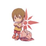  1girl bandana bandana_around_neck brown_eyes brown_hair chibi digimon digimon_adventure digitama egg highres holding holding_whistle pink_bandana pink_shoes shirt simple_background strawvery_1318 whistle white_background yagami_hikari yellow_shirt yukimibotamon 