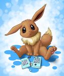  3_toes :&lt; ambiguous_gender blue_background broken brown_eyes brown_fur canine cute eevee feral fur game hama-z looking_at_viewer mammal nintendo nintendo_ds pawpads paws plain_background pok&eacute;mon sad sitting solo spreading tears toes video_games 