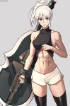  1girl abs bare_arms black_shirt black_thighhighs blush breasts clothes_lift eyelashes grey_background highres holding holding_weapon long_hair madoro_q melty_blood navel open_mouth pile_bunker ponytail purple_eyes riesbyfe_stridberg shirt shirt_lift shorts simple_background sleeveless sleeveless_shirt solo standing thighhighs toned toned_female true_apocrypha tsukihime twitter_username type-moon v-shaped_eyebrows weapon white_hair white_shorts 
