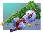 2025 anthro arm_tuft blue_markings bovid breasts butt caprine christmas christmas_bauble christmas_decorations christmas_ornament christmas_tree cloven_hooves collarbone female fur hi_res holidays hooves kindred_(lol) lamb_(lol) league_of_legends lying mammal markings mask nude on_side plant ribbons riot_games sheep shoulder_tuft solo spacemaxmarine tencent tree tuft wearing_mask white_body white_fur