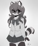  2013 clothed clothing female grey_background greyscale hair long_hair mammal mona_(spittfire) monochrome plain_background raccoon solo spittfire 