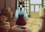  1girl absurdres black_hair bow box cardboard_box closed_mouth commentary english_commentary hair_bow hair_tubes hakurei_reimu highres indoors japanese_clothes light_smile long_sleeves looking_at_object muzilana official_alternate_costume red_bow red_skirt shirt shouji skirt sliding_doors solo storage_room tatami touhou touhou_(pc-98) white_shirt 