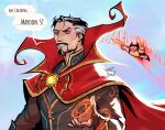 2boys black_hair bodysuit cape cloak doctor_strange doctor_strange_(series) eye_of_agamotto facial_hair highres long_sleeves male_focus marvel marvel_rivals multicolored_hair multiple_boys red_cloak short_hair simple_background superhero_costume teeth thegarnetdawn two-tone_bodysuit two-tone_hair wolverine_(x-men) x-men yellow_bodysuit 