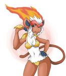  2014 anthro blue_eyes chimney_(artist) clothed clothing female fire fur hair infernape looking_at_viewer navel nintendo plain_background pok&eacute;mon red_fur skimpy solo video_games white_background white_fur white_hair 