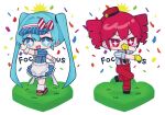  2girls ankle_socks apron black_shoes blue_dress chibi chibi_only collared_shirt confetti contrast_collar double-parted_bangs dress gloves grey_socks hair_between_eyes hat hatsune_miku kasane_teto kepi long_hair mesmerizer_(vocaloid) military_hat multiple_girls pants pinstripe_dress pinstripe_pattern red_eyes red_hat red_pants shirt short_sleeves skates smiley_hat_ornament socks star-shaped_pupils star_(symbol) striped_clothes striped_shirt suspenders symbol-shaped_pupils tsukimi_hana131 twintails utau very_long_hair vocaloid waist_apron white_socks white_wrist_cuffs wrist_cuffs yellow_gloves 