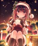  black_hair box christmas dress fur-trimmed_dress fur-trimmed_headwear fur_trim gift gift_box hat heaven_burns_red highres mikoto_fubuki mitsuna multicolored_hair off_shoulder red_dress red_eyes red_hair red_hat santa_costume santa_dress santa_hat short_hair sidelocks smile streaked_hair 