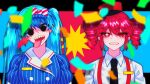  2girls black_necktie blue_dress blue_hair buttons collared_shirt confetti contrast_collar double-breasted double-parted_bangs dress grin hair_between_eyes hat hatsune_miku highres kasane_teto kepi looking_at_viewer masters_abc mesmerizer_(vocaloid) military_hat multiple_girls necktie open_mouth pinstripe_dress pinstripe_pattern red_eyes red_hair red_hat sailor_collar sharp_teeth shirt smile smiley_hat_ornament solid_oval_eyes star-shaped_pupils star_(symbol) straight-on suspenders sweat symbol-shaped_pupils tears teeth tongue tongue_out twintails utau vocaloid white_shirt wing_collar 
