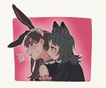  2girls animal_ear_piercing animal_ears bang_dream! bang_dream!_it&#039;s_mygo!!!!! black_jacket blue_eyes blush border brown_hair criangle_k. jacket kemonomimi_mode licking licking_another&#039;s_neck long_hair maid_headdress mole mole_under_eye multiple_girls open_mouth pink_background purple_eyes rabbit_ears shiina_taki sweatdrop white_border wolf_ears yahata_umiri yuri 