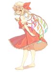  1girl absurdres ascot barefoot blonde_hair blush crystal_wings fangs flandre_scarlet full_body hat hat_ribbon highres looking_at_viewer mob_cap open_mouth puffy_short_sleeves puffy_sleeves red_eyes red_ribbon red_skirt red_vest ribbon seika_okawari short_sleeves side_ponytail simple_background skirt solo sweat touhou vest white_background wings yellow_ascot 