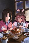  103anon 2girls absurdres azumanga_daioh azumanga_daioh&#039;s_school_uniform brown_eyes brown_hair brown_vest cake closed_mouth collared_shirt cup food highres holding holding_knife indoors juliet_sleeves kasuga_ayumu knife long_sleeves looking_at_food multiple_girls mystia_lorelei pink_hair puffy_sleeves saucer school_uniform shirt sitting strawberry_cake table touhou vest white_shirt window wooden_chair wooden_table 