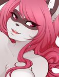  2015 anthro breasts clothed clothing fangs female hair half-dressed mammal mona_(spittfire) pink_hair portrait purple_eyes raccoon smile solo spittfire topless 