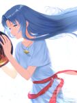  1girl ancient_ys_vanished blue_eyes blue_hair commentary_request dress feena_(ys) gold_necklace highres jewelry long_hair necklace orb red_sash sash smile solo takananoo2giri white_background white_dress ys 