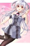  1girl :d absurdres ahoge bare_shoulders black_pantyhose blush breasts commentary_request commission dress grey_dress grey_hair hair_between_eyes hair_rings hand_up highres leg_up long_hair looking_at_viewer matoi_(pso2) medium_breasts open_mouth pantyhose phantasy_star phantasy_star_online_2 red_eyes skeb_commission smile solo yam_(yamap_mako) 