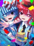  2girls black_eyes black_gloves black_necktie blue_dress blue_eyes bow collared_shirt confetti dress fangs gloves hair_between_eyes hat hat_bow hatsune_miku help_(american_sign_language) heterochromia highres kasane_teto kepi mesmerizer_(vocaloid) military_hat multiple_girls necktie open_mouth pinstripe_dress pinstripe_pattern red_bow red_eyes riko_(ritora2024_6) shirt short_sleeves smiley_hat_ornament solid_circle_eyes spiral star-shaped_pupils star_(symbol) striped_bow striped_clothes striped_shirt symbol-shaped_pupils teeth thumbs_up tongue upper_teeth_only utau visor_cap vocaloid white_bow wing_collar 