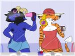  abs anthro bathroom black_hair blonde_hair blue_body bovine breasts caprine cattle clothed clothing curlers demon duo eyes_closed feline female fur goat hair hair_dryer half-dressed heyitshappydoodles horn mammal muscles nipples orange_fur ram spade_tail stripes tiger toothbrush topless towel 