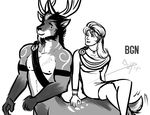  anthro bgn cervine deer duo facial_hair female horn human male mammal muscles riding riding_sidesaddle taur 