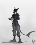  anthro armor boots clothing computer cyberpunk fish green_eyes hair kaiser-vi laptop male marine military shark signature simple_background solo tablet 