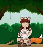  animal_ears animal_tail anthro blush bow canine cute female forest fox foxfoxplz green_eyes hair long_hair mammal outside red_hair skirt smile solo tree young 