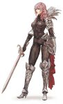  1girl armor armored_boots black_bodysuit bodysuit boots breastplate breasts closed_mouth dated english_commentary feather_collar feathers final_fantasy final_fantasy_xiii full_body holding holding_sword holding_weapon long_hair long_sleeves looking_at_viewer pink_hair simple_background solo standing sword tachi-e transparent_background vhyrel wavy_hair weapon web_address 