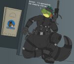 absurd_res ageplay anthro blue_eyes clean_diaper clothed clothing diaper diaper_under_clothing front_view full_body_suit glistening glistening_eyes green_body gun hardscales hi_res holding_gun holding_object holding_ranged_weapon holding_weapon infantilism kneeling male mouth_closed ranged_weapon roleplay scalie solo weapon wearing_diaper yellow_body