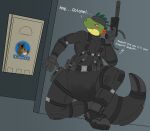 absurd_res ageplay anthro blue_eyes bodily_fluids clothed clothing diaper diaper_under_clothing front_view full_body_suit genital_fluids glistening glistening_eyes green_body gun hardscales hi_res holding_gun holding_object holding_ranged_weapon holding_weapon infantilism kneeling male mouth_closed ranged_weapon roleplay scalie solo urine weapon wearing_diaper wet wet_clothing yellow_body