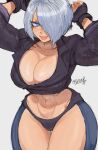  1girl absurdres angel_(kof) backless_pants blue_eyes bra breasts chaps cleavage crop_top cropped_jacket fingerless_gloves gabriel_ales gloves hair_over_one_eye highres jacket large_breasts leather leather_jacket looking_at_viewer midriff navel panties pants short_hair smile snk solo strapless strapless_bra the_king_of_fighters the_king_of_fighters_xiv toned toned_female underwear white_hair 