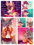  2014 alice_(floraverse) anthro book canine cat clothing collar comic dialogue duo english_text eyes_closed feline female floraverse fur jacklyn_(floraverse) kemono mammal open_mouth purplekecleon red_eyes smile teeth text wolf 