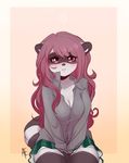  &lt;3 anthro black_fur breasts cleavage clothed clothing female fur grey_fur hair long_hair looking_at_viewer mammal mona_(spittfire) pink_eyes raccoon skirt solo spittfire 