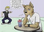  anthro canine clothing dog duo human insults jackaloo low_res male mammal milkshake pants shirt shoes sitting source_request table 