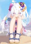  1girl ahoge angel_wings ankle_belt azusa_(blue_archive) azusa_(swimsuit)_(blue_archive) bare_shoulders bikini bikini_skirt blue_archive blue_sky blush bow closed_mouth commentary_request day didac_fantasy feathered_wings feet flower food-themed_hair_ornament frilled_bikini frills hair_between_eyes hair_bow hair_flower hair_ornament hair_ribbon halo hands_on_own_knees highres knees_up leaf_hair_ornament long_hair long_sleeves looking_at_viewer low_wings navel no_pupils official_alternate_costume orange_hair_ornament outdoors pink_eyes purple_flower ribbon sandals sitting sky solo strapless strapless_bikini swimsuit toes watermelon_hair_ornament white_hair white_wings wing_ornament wings yellow_halo 