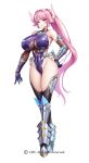  1girl armor bare_shoulders breasts fire full_body highleg highleg_leotard horns huge_breasts leotard lilith-soft long_hair nagiriin_ryou no_mask official_art pink_hair simple_background skin_tight standing taimanin_(series) taimanin_rpgx taimanin_suit 