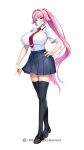  1girl bare_shoulders breasts fire full_body horns huge_breasts lilith-soft long_hair nagiriin_ryou no_horns official_art pink_hair pleated_skirt school_uniform shirt simple_background skirt smile standing taimanin_(series) taimanin_rpgx white_background 