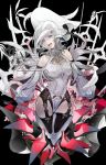  1girl :d black_background black_gloves blue_eyes character_request commentary_request garter_straps gloves holding holding_weapon leotard looking_at_viewer nier_(series) nier_reincarnation open_mouth smile solo to_te_na watermark weapon white_hair white_leotard 
