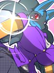  2015 anthro big_breasts blue_fur blush breasts butt canine clothed clothing day-t eyelashes female fist fur looking_at_viewer lucario mammal nintendo pink_background plain_background pok&eacute;mon red_eyes shadow sharp_teeth shiny smile solo spikes teeth video_games 