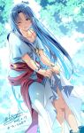  1girl ancient_ys_vanished blue_eyes blue_hair commentary_request curtained_hair dated feena_(ys) highres long_hair one_eye_closed open_mouth outdoors signature smile solo tinybiard translation_request very_long_hair wading ys 