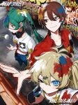  3girls absurdres black_gloves black_shirt blue_eyes blue_pants blush brick_wall brown_hair chain chain_necklace closed_mouth crop_top english_text fingerless_gloves from_above gloves graffiti green_eyes grey_hair hair_ornament hairclip hatsune_miku headphones headphones_around_neck highres jewelry kasukabe_tsumugi long_hair long_sleeves looking_at_viewer meiko_(vocaloid) multiple_girls necklace one_eye_closed outdoors paint_in_hair paint_on_clothes pants party_wo_tsukurou perspective safety_glasses shirt short_hair short_sleeves smile spray_can standing twintails vocaloid voicevox wawasuke white_shirt 