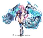  1girl armor bare_shoulders breasts covered_navel fire full_body highleg highleg_leotard horns huge_breasts leotard lilith-soft long_hair mask mouth_mask nagiriin_ryou official_art pink_hair simple_background skin_tight standing taimanin_(series) taimanin_rpgx taimanin_suit white_background 