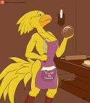 absurd_res anthro apron apron_only avian beak biped bird blue_eyes breasts chocobo clothing digital_media_(artwork) english_text eyebrows feather_hair feathered_tail feathers female final_fantasy fluffy food hair hi_res holding_object long_tail long_tail_feathers mohrlex mostly_nude open_mouth patreon pseudo_hair raised_eyebrow simple_background small_breasts smile solo square_enix standing tail tail_feathers text thick_thighs url yellow_body yellow_feathers