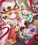  2girls absurdres alternate_costume ascot blonde_hair bow crystal_wings flandre_scarlet food frilled_shirt_collar frilled_sleeves frills gagaku_kawa_rei green_eyes green_hair green_nails hat hat_bow hat_ribbon heart highres komeiji_koishi long_sleeves looking_at_viewer mob_cap muffin multiple_girls open_mouth red_nails ribbon shirt short_hair sun_hat third_eye touhou wide_sleeves yellow_ascot 