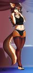  anthro breasts bulge canine clothing dickgirl fluff-kevlar green_eyes intersex legwear looking_at_viewer mammal midriff navel panties solo stockings underwear wolf 