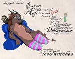  anthro avian bird blindfold clothed clothing corvid crossdressing cuntboy dragon garr garr_(artist) intersex male potion pussy raven scalie simple_background tattoo test_tube text transformation 