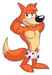 anthro arms_above_head blue_eyes boxers bulge canine chest_tuft clothing fox fur goronic looking_at_viewer male mammal muscles pecs solo spy_fox tuft underwear 