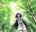  arms_behind_head bad_id bad_pixiv_id black_hair blue_eyes from_below hat long_hair looking_at_viewer looking_down nature open_mouth original shade solo tree tsukikanade very_long_hair 