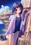  1girl absurdres beach bird black_hair blush cloud copyright_request female highres long_hair ocean one-piece_swimsuit outdoors penguin red_eyes rock school_swimsuit sky solo swimsuit takoyaki_(roast) water 