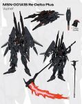  absurdres artist_name beam_cannon beam_scythe bird commentary delta_plus earth_federation_space_forces english_commentary english_text gundam gundam_unicorn highres holding holding_beam_scythe holding_weapon kampen1184 mecha mecha_focus mobile_suit multiple_views no_humans original red_eyes rezel_type-c_(defenser_b-unit) robot science_fiction vulture weapon 