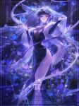  1girl absurdres bare_shoulders bellflower black_dress black_hair black_sleeves blue_butterfly breasts bug butterfly chinese_bellflower commission detached_sleeves dress dress_flower earrings eyelashes feet_out_of_frame flower fur_shawl hair_flower hair_ornament hands_up highres inuyasha jewelry kikyou_(inuyasha) large_breasts light_particles long_hair looking_at_viewer mihuashi_commission mo_wusheng parted_lips purple_eyes purple_flower see-through_cleavage see-through_clothes see-through_veil shawl shinidamachuu side_slit sidelocks sleeveless sleeveless_dress solo standing thighlet veil very_long_hair watermark 
