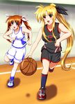  adapted_costume basketball basketball_uniform blonde_hair blue_eyes brown_hair clothes_writing diesel-turbo fate_testarossa long_hair lyrical_nanoha mahou_shoujo_lyrical_nanoha_strikers multiple_girls ponytail red_eyes shorts sportswear takamachi_nanoha twintails 