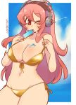  1girl bikini blush breasts cleavage cloud cloudy_sky food food_on_body food_on_breasts gold_bikini hair_between_eyes hand_in_own_bra headphones highres holding holding_food holding_popsicle large_breasts long_hair navel nitroplus one_eye_closed open_mouth pink_eyes pink_hair popsicle red_nails sidelocks sky sofo_soup solo super_sonico swimsuit 